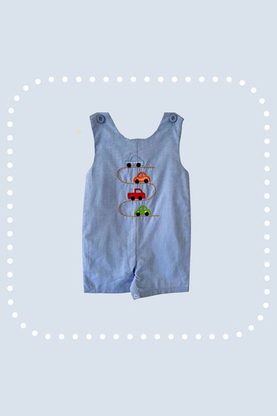 Blue Car Race Track Embroidery Shortalls