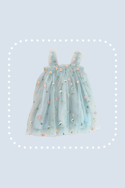 Blue Strap Daisy embroidery tulle dress