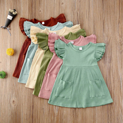 Children'S Clothing Summer Korean Girl Dress Solid Color Flying Sleeve Pit Stripe Cotton Dress