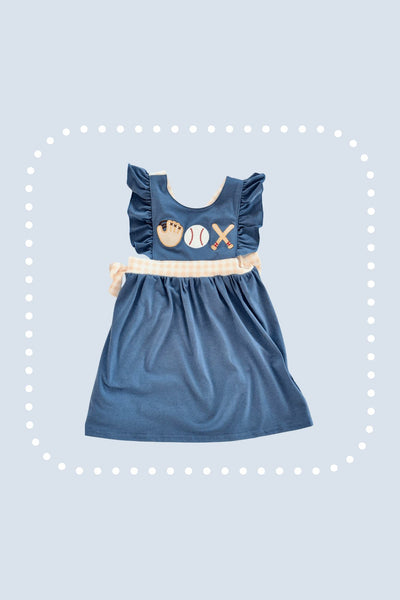 Navy Baseball applique ruffle dress